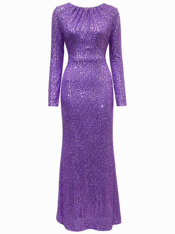 【新品DRESS 1052】総スパンコールネックギャザータイトロングドレス パープル【JADED ROSE】